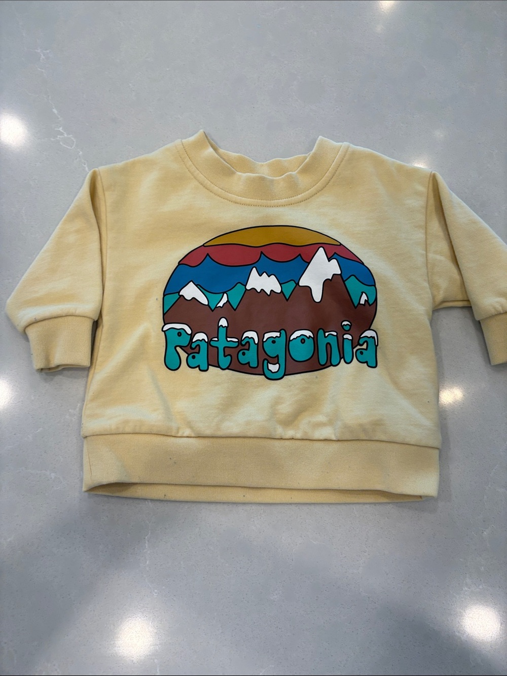 Patagonia Kids Pale Yellow Sweatshirt with Colorful Mountain Graphic